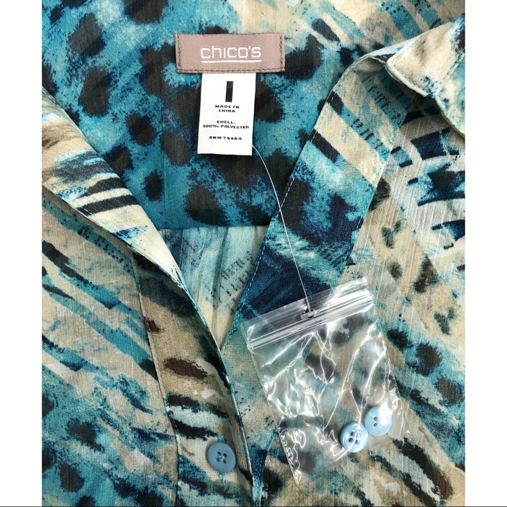 Chico's Blue Cream Animal Print Burnout Blouse - Picture 12 of 15
